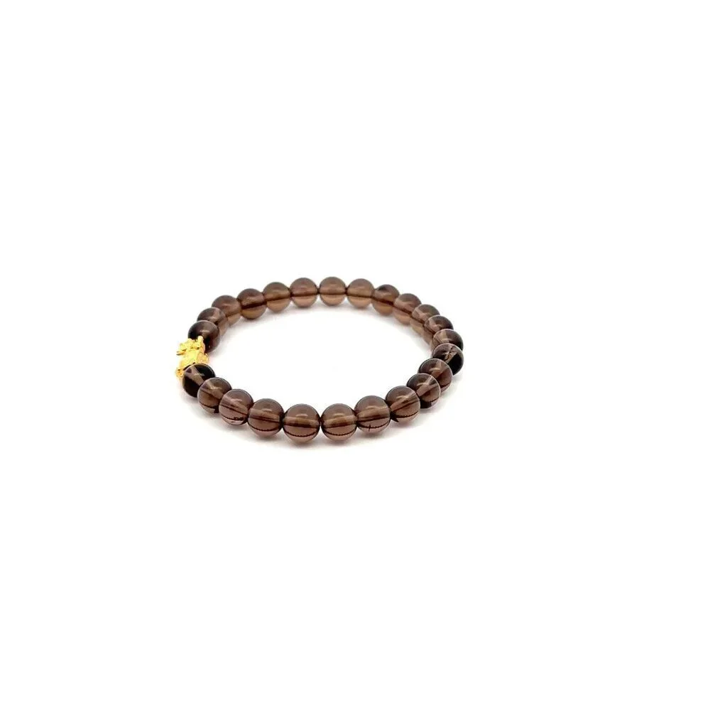 18K Gold Dragon Pixiu Piyao Lucky Charm Bracelet Gemstones Smoky Quartz 6mm - Picture 3 of 5